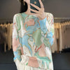 Women’s Wool & Silk Printed Sweater – Loose Fit Round Neck Knit Top