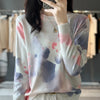Women’s Wool & Silk Printed Sweater – Loose Fit Round Neck Knit Top