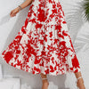 Fairyshely Red Leaf Print High Waist Midi Skirt for Women