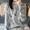 Women’s Wool & Silk Printed Sweater – Loose Fit Round Neck Knit Top