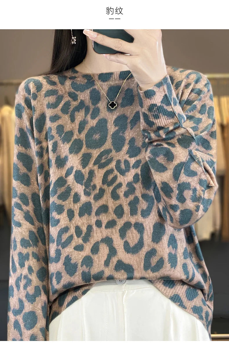 Women’s Wool & Silk Printed Sweater – Loose Fit Round Neck Knit Top