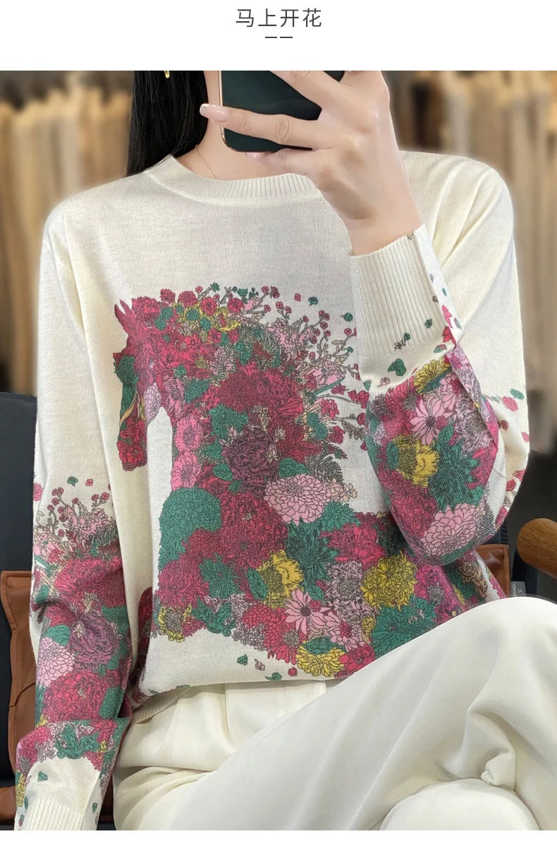 Women’s Wool & Silk Printed Sweater – Loose Fit Round Neck Knit Top