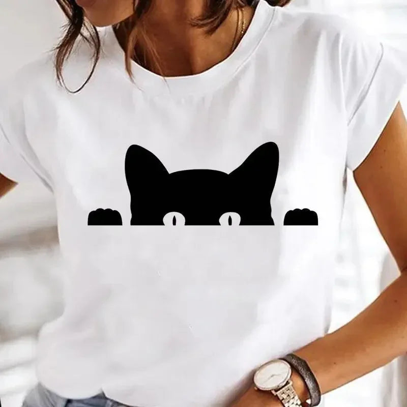Women's White Black Cat Print Short Sleeve T-Shirt