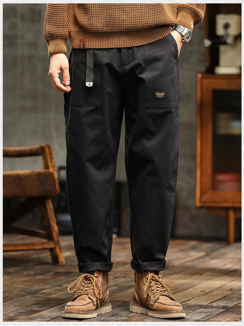 Men’s Cotton Cargo Pants – Loose Fit Mid-Waist Joggers with Belt