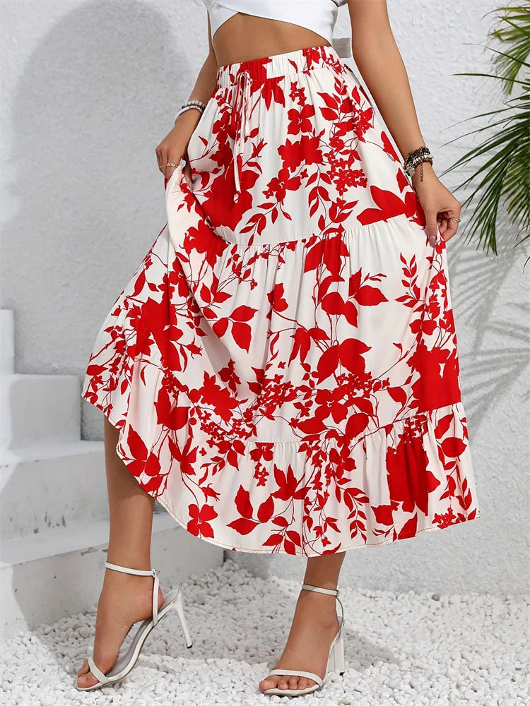 Fairyshely Red Leaf Print High Waist Midi Skirt for Women