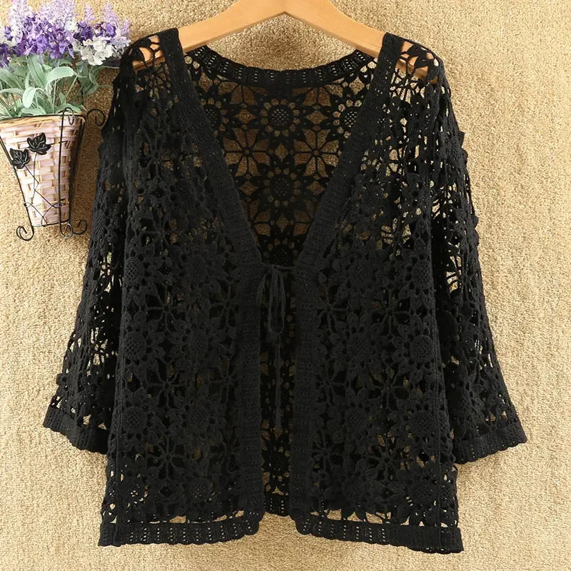 Women’s Lace Hollow Knit Cardigan – Lightweight Spring/Autumn Sweater