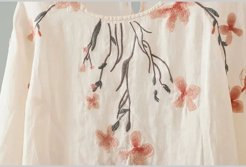 Women's Cotton Linen Embroidered Top – Summer Loose Fit T-Shirt with 3/4 Sleeves