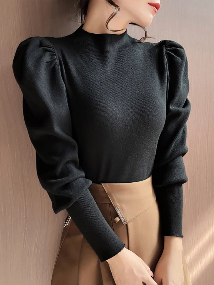 Women’s Puff Sleeve Turtleneck Slim Fit Sweater