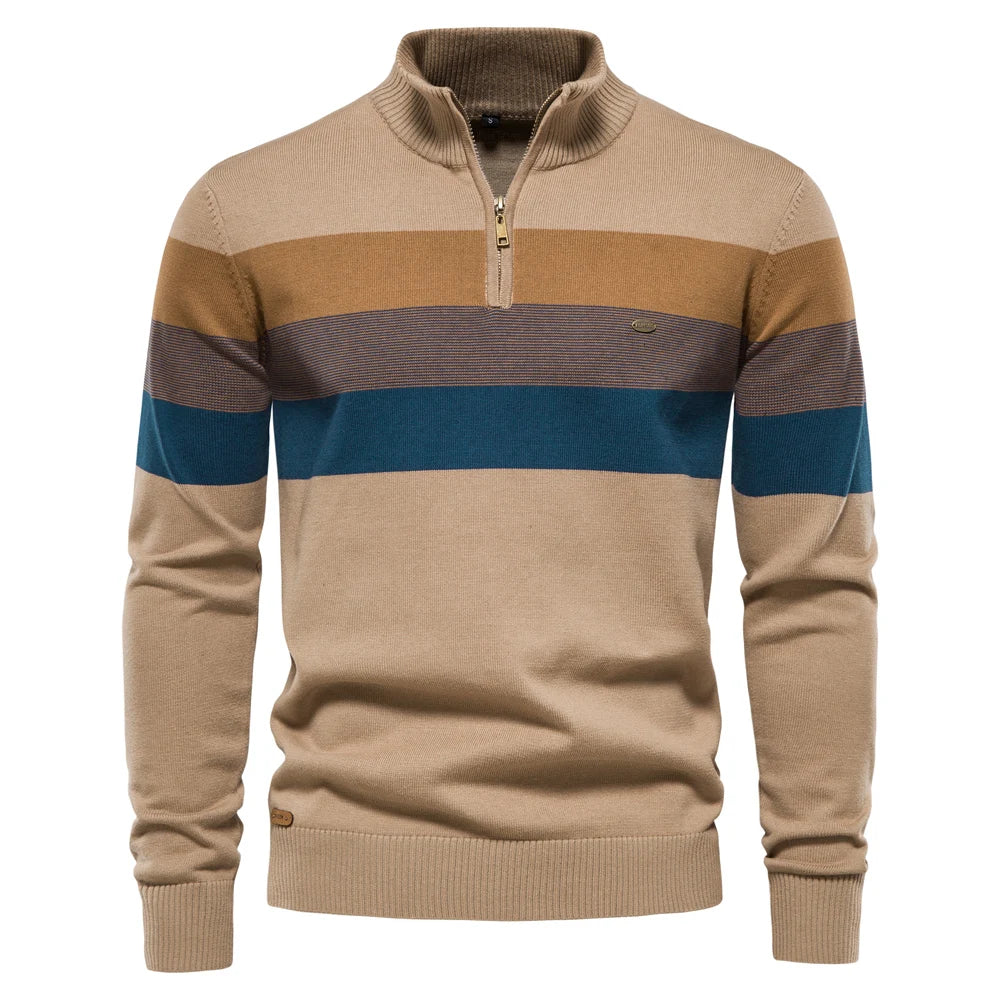 Men’s Patchwork Pullover Sweater – Cotton Mock Neck with Zipper