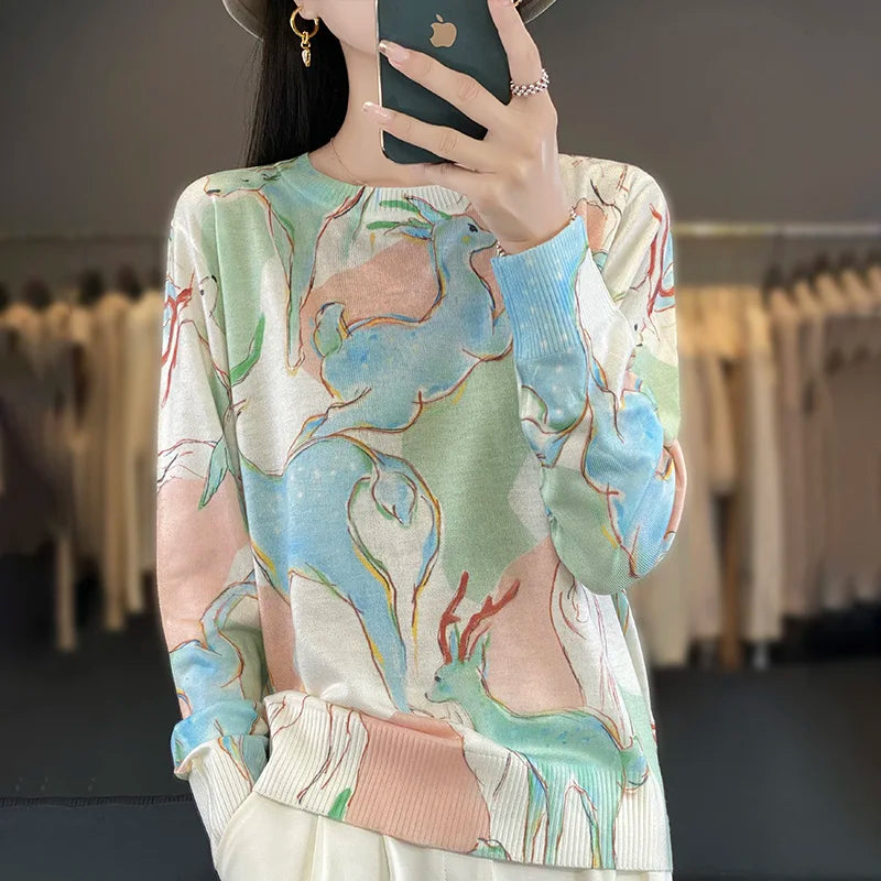 Women’s Wool & Silk Printed Sweater – Loose Fit Round Neck Knit Top