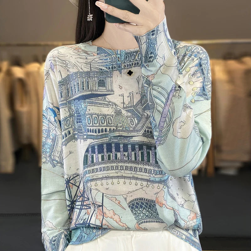 Women’s Wool & Silk Printed Sweater – Loose Fit Round Neck Knit Top
