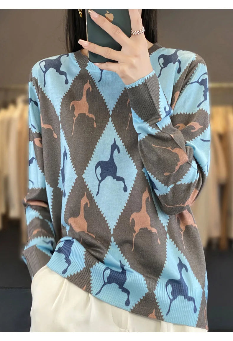 Women’s Wool & Silk Printed Sweater – Loose Fit Round Neck Knit Top