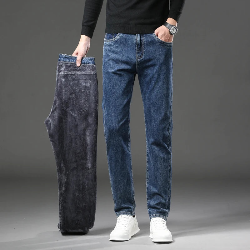 Men’s Winter Fleece-Lined Jeans – Thick Warm Slim Straight Elastic Denim Pants