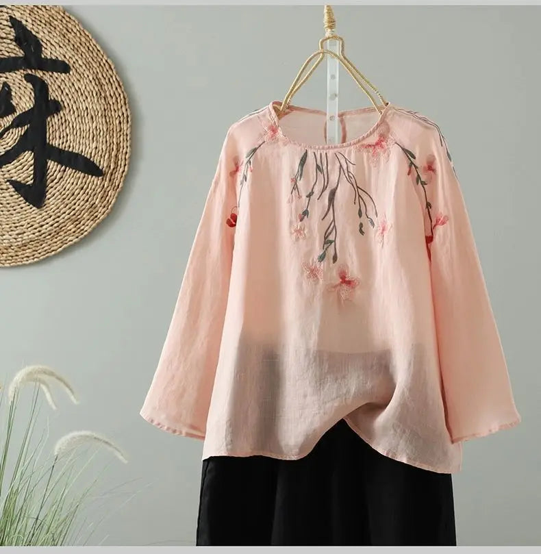 Women's Cotton Linen Embroidered Top – Summer Loose Fit T-Shirt with 3/4 Sleeves