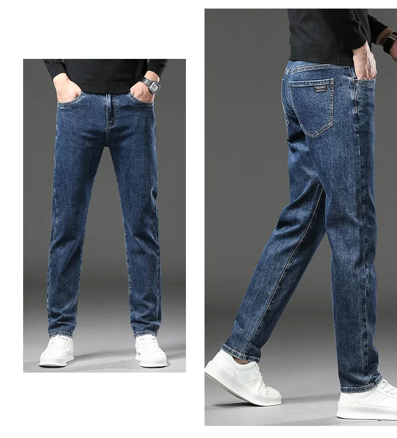 Men’s Winter Fleece-Lined Jeans – Thick Warm Slim Straight Elastic Denim Pants