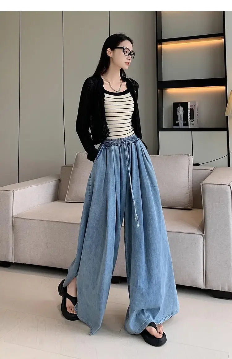 2024 Autumn Plus Size Wide-Leg Jeans – Loose-Fit Ground-Length Slimming Casual Pants for Women