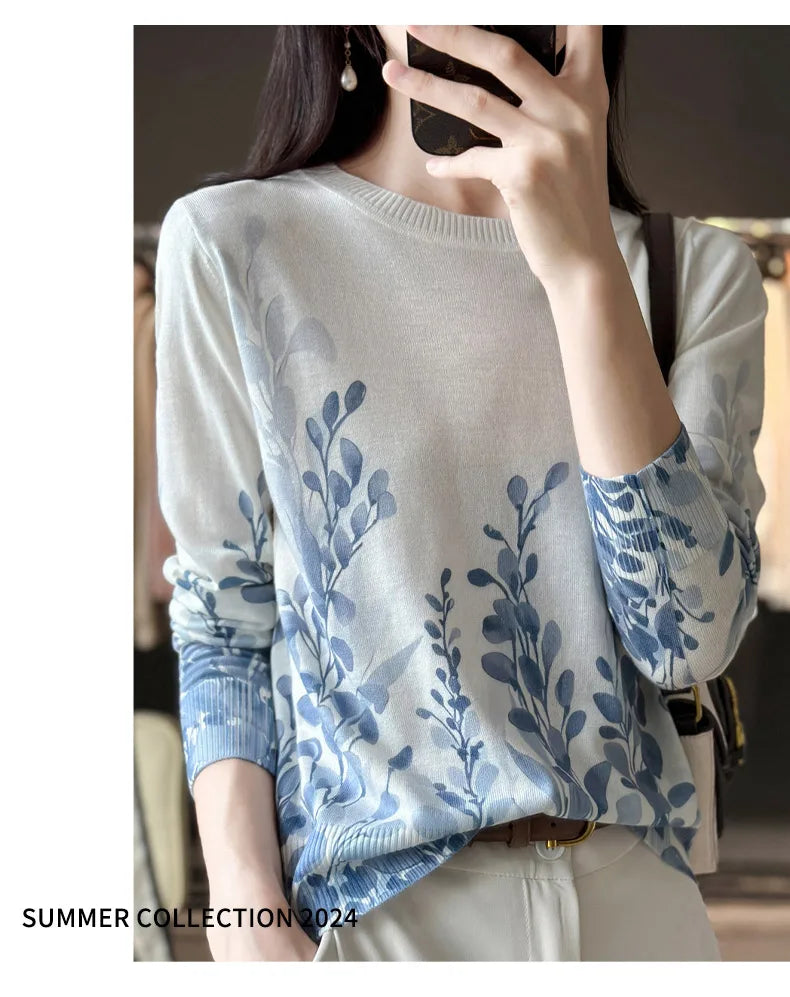 Women’s Wool & Silk Printed Sweater – Loose Fit Round Neck Knit Top