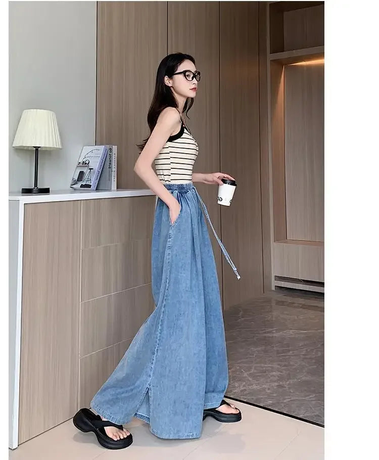 2024 Autumn Plus Size Wide-Leg Jeans – Loose-Fit Ground-Length Slimming Casual Pants for Women