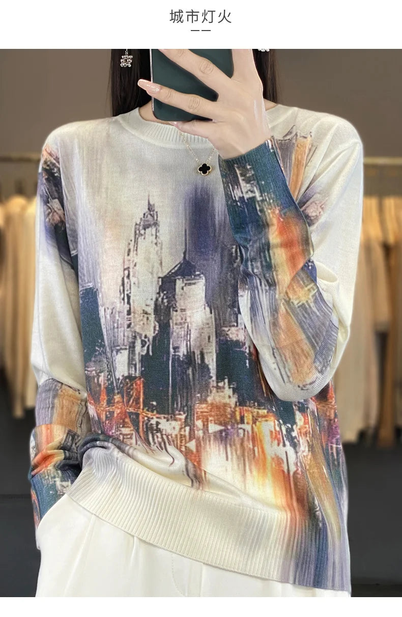 Women’s Wool & Silk Printed Sweater – Loose Fit Round Neck Knit Top