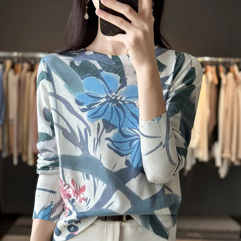 Women’s Wool & Silk Printed Sweater – Loose Fit Round Neck Knit Top