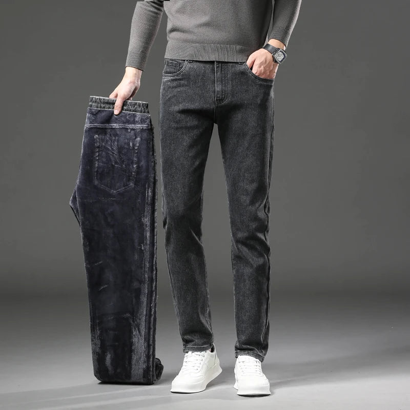Men’s Winter Fleece-Lined Jeans – Thick Warm Slim Straight Elastic Denim Pants