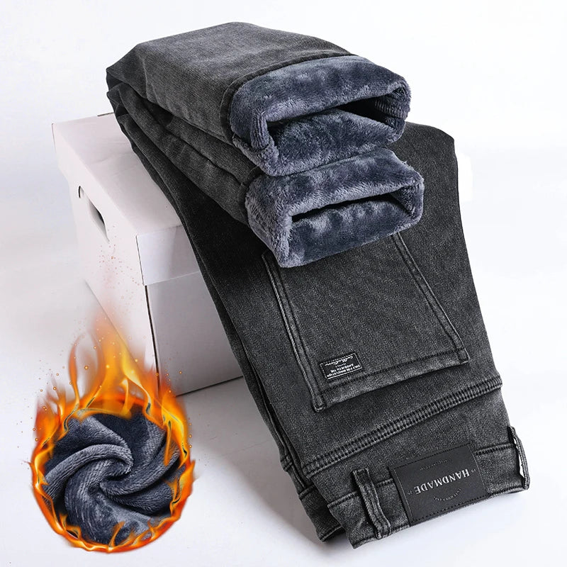 Men’s Winter Fleece-Lined Jeans – Thick Warm Slim Straight Elastic Denim Pants