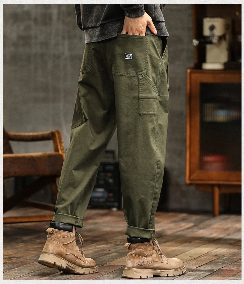 Men’s Cotton Cargo Pants – Loose Fit Mid-Waist Joggers with Belt