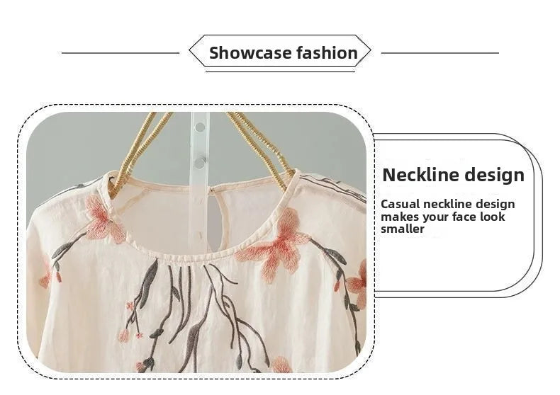 Women's Cotton Linen Embroidered Top – Summer Loose Fit T-Shirt with 3/4 Sleeves