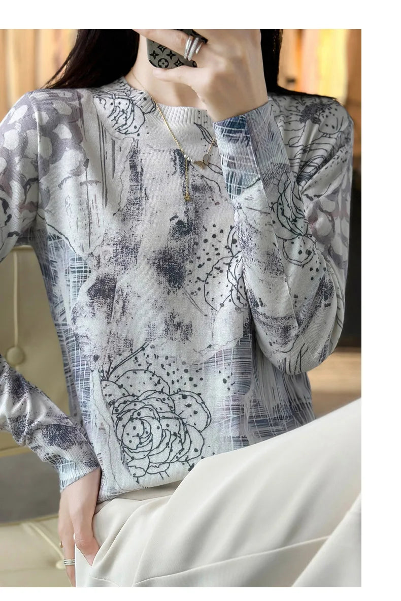 Women’s Wool & Silk Printed Sweater – Loose Fit Round Neck Knit Top