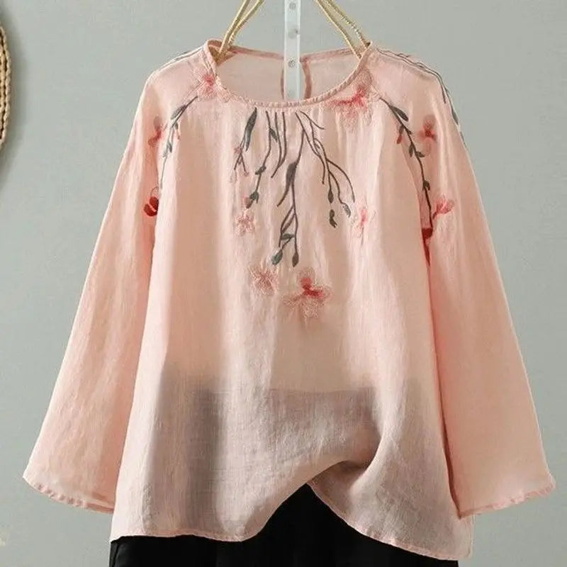 Women's Cotton Linen Embroidered Top – Summer Loose Fit T-Shirt with 3/4 Sleeves