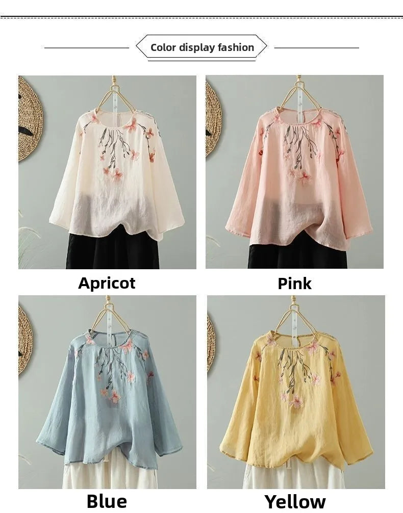 Women's Cotton Linen Embroidered Top – Summer Loose Fit T-Shirt with 3/4 Sleeves