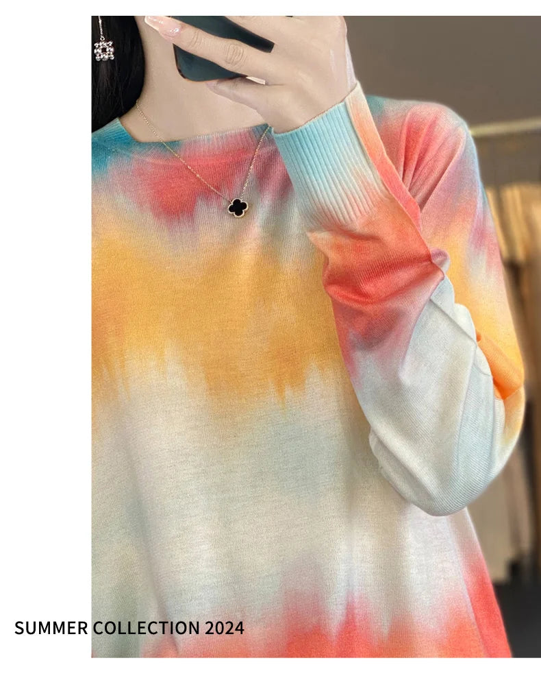 Women’s Wool & Silk Printed Sweater – Loose Fit Round Neck Knit Top