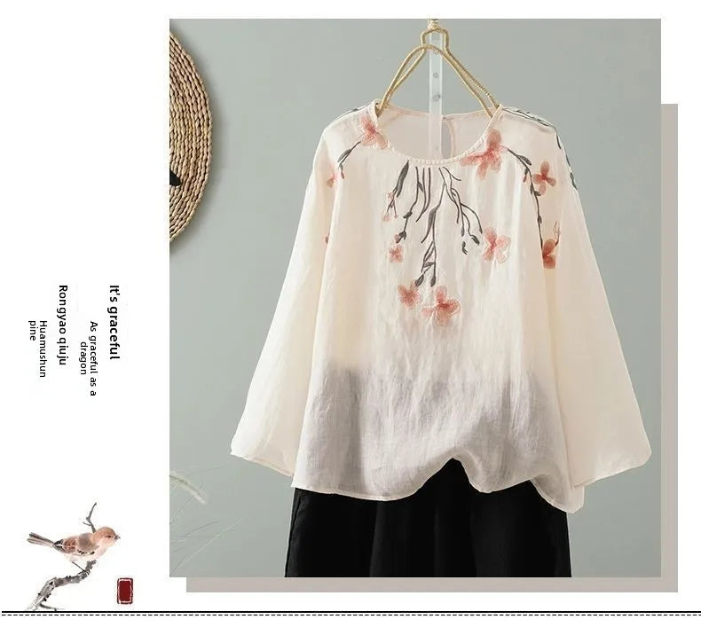 Women's Cotton Linen Embroidered Top – Summer Loose Fit T-Shirt with 3/4 Sleeves