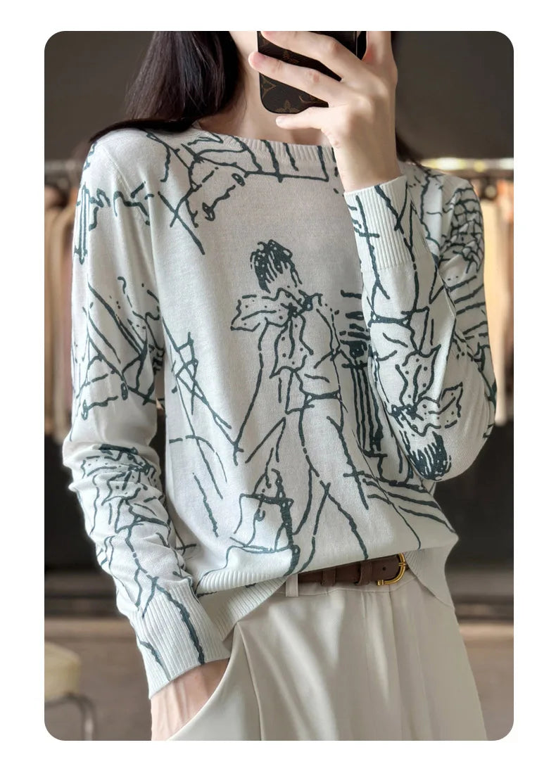 Women’s Wool & Silk Printed Sweater – Loose Fit Round Neck Knit Top