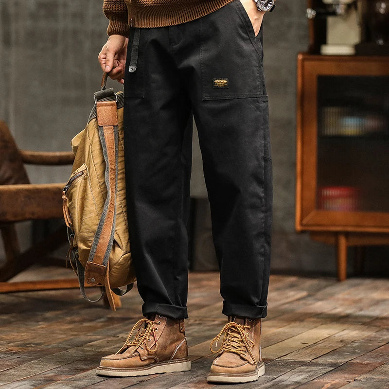 Men’s Cotton Cargo Pants – Loose Fit Mid-Waist Joggers with Belt