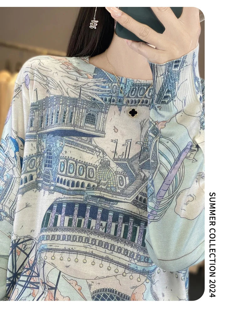 Women’s Wool & Silk Printed Sweater – Loose Fit Round Neck Knit Top