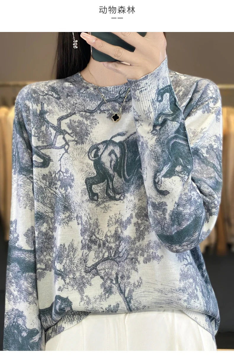 Women’s Wool & Silk Printed Sweater – Loose Fit Round Neck Knit Top