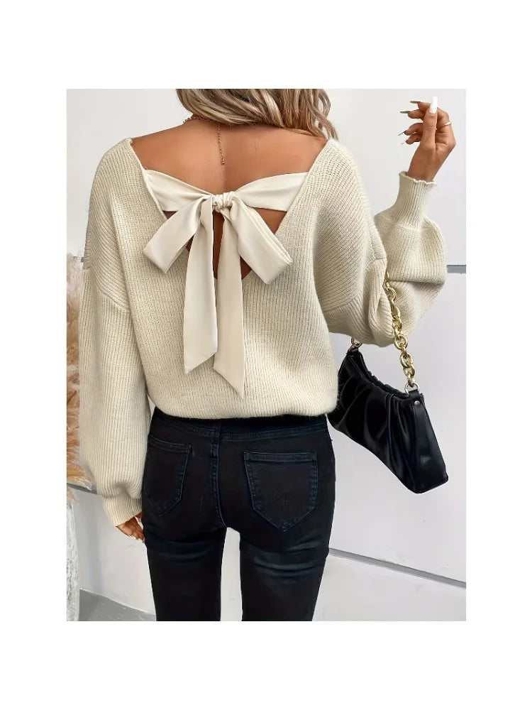 Women’s V-Neck Solid Color Relaxed-Fit Bow Sweater