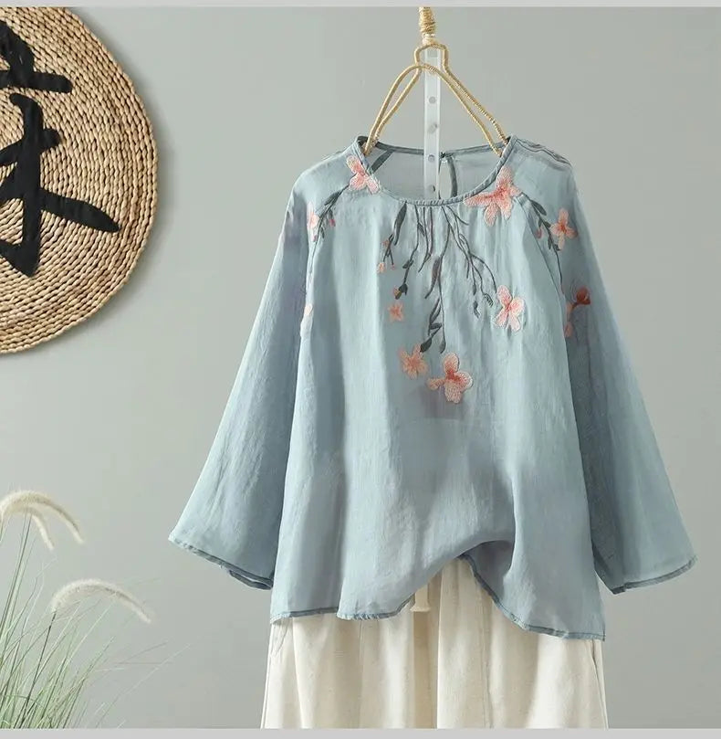 Women's Cotton Linen Embroidered Top – Summer Loose Fit T-Shirt with 3/4 Sleeves