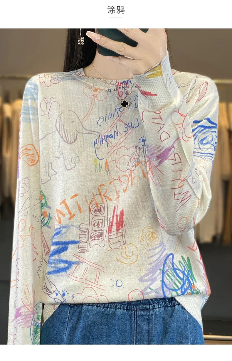 Women’s Wool & Silk Printed Sweater – Loose Fit Round Neck Knit Top