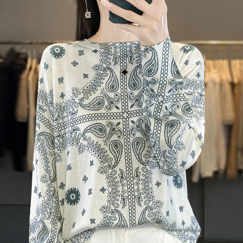 Women’s Wool & Silk Printed Sweater – Loose Fit Round Neck Knit Top