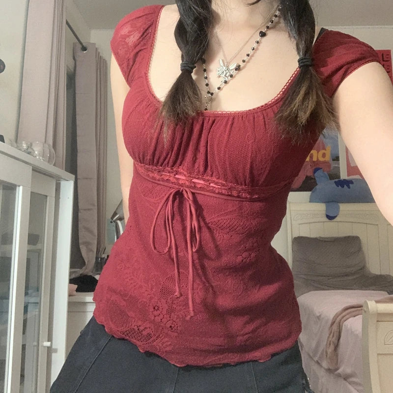 Women’s Square Collar Bow Crop Top