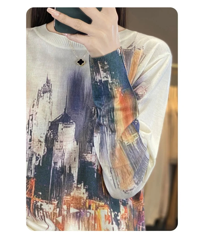 Women’s Wool & Silk Printed Sweater – Loose Fit Round Neck Knit Top
