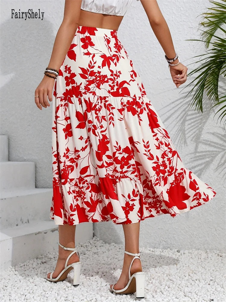 Fairyshely Red Leaf Print High Waist Midi Skirt for Women