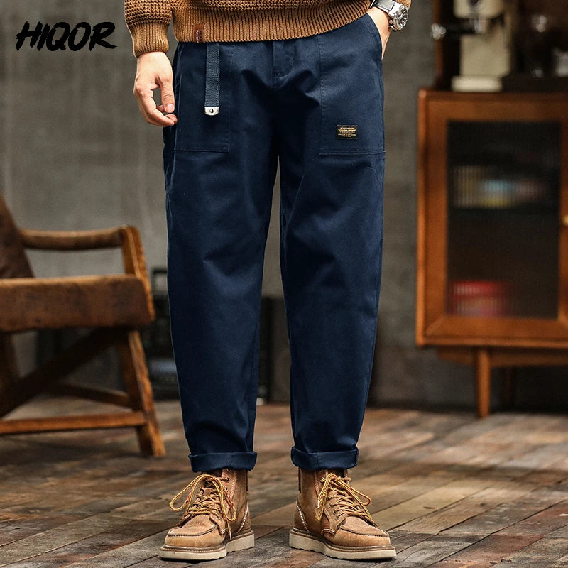 Men’s Cotton Cargo Pants – Loose Fit Mid-Waist Joggers with Belt