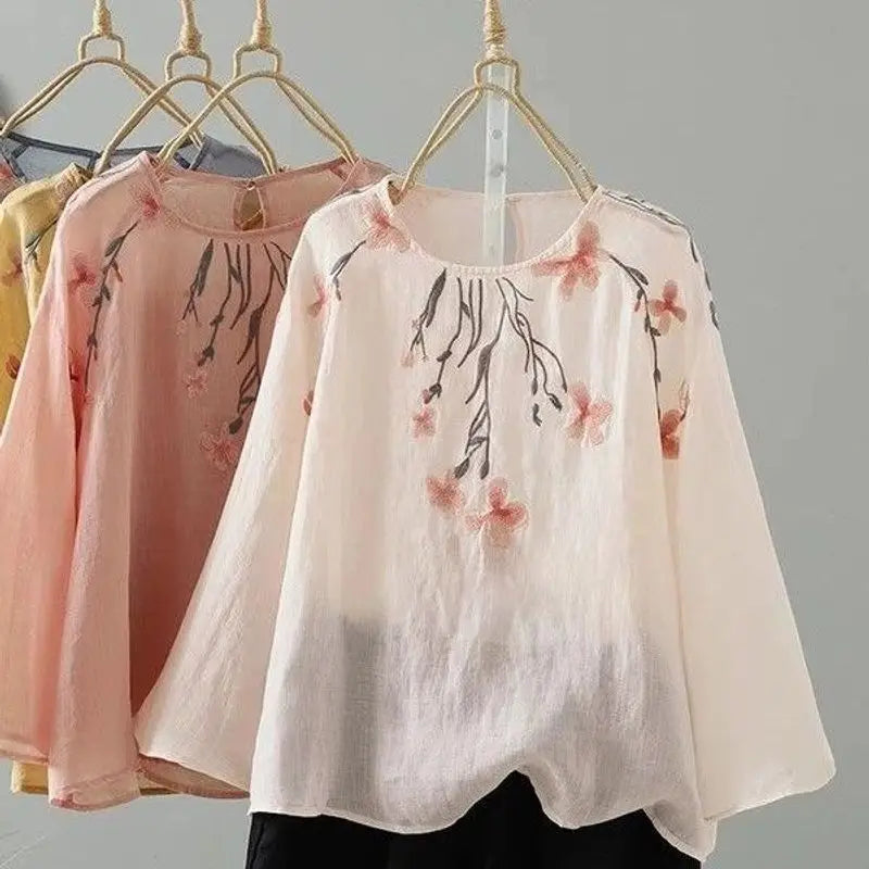 Women's Cotton Linen Embroidered Top – Summer Loose Fit T-Shirt with 3/4 Sleeves