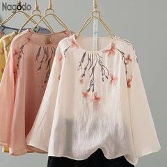 Women's Cotton Linen Embroidered Top – Summer Loose Fit T-Shirt with 3/4 Sleeves