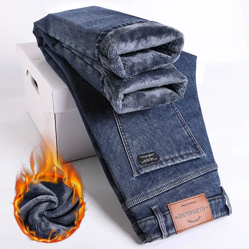 Men’s Winter Fleece-Lined Jeans – Thick Warm Slim Straight Elastic Denim Pants