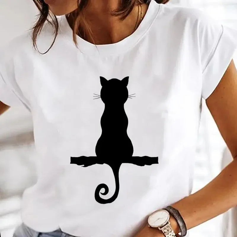 Women's White Black Cat Print Short Sleeve T-Shirt