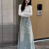 High Waist A-Line Denim Midi Skirt for Women
